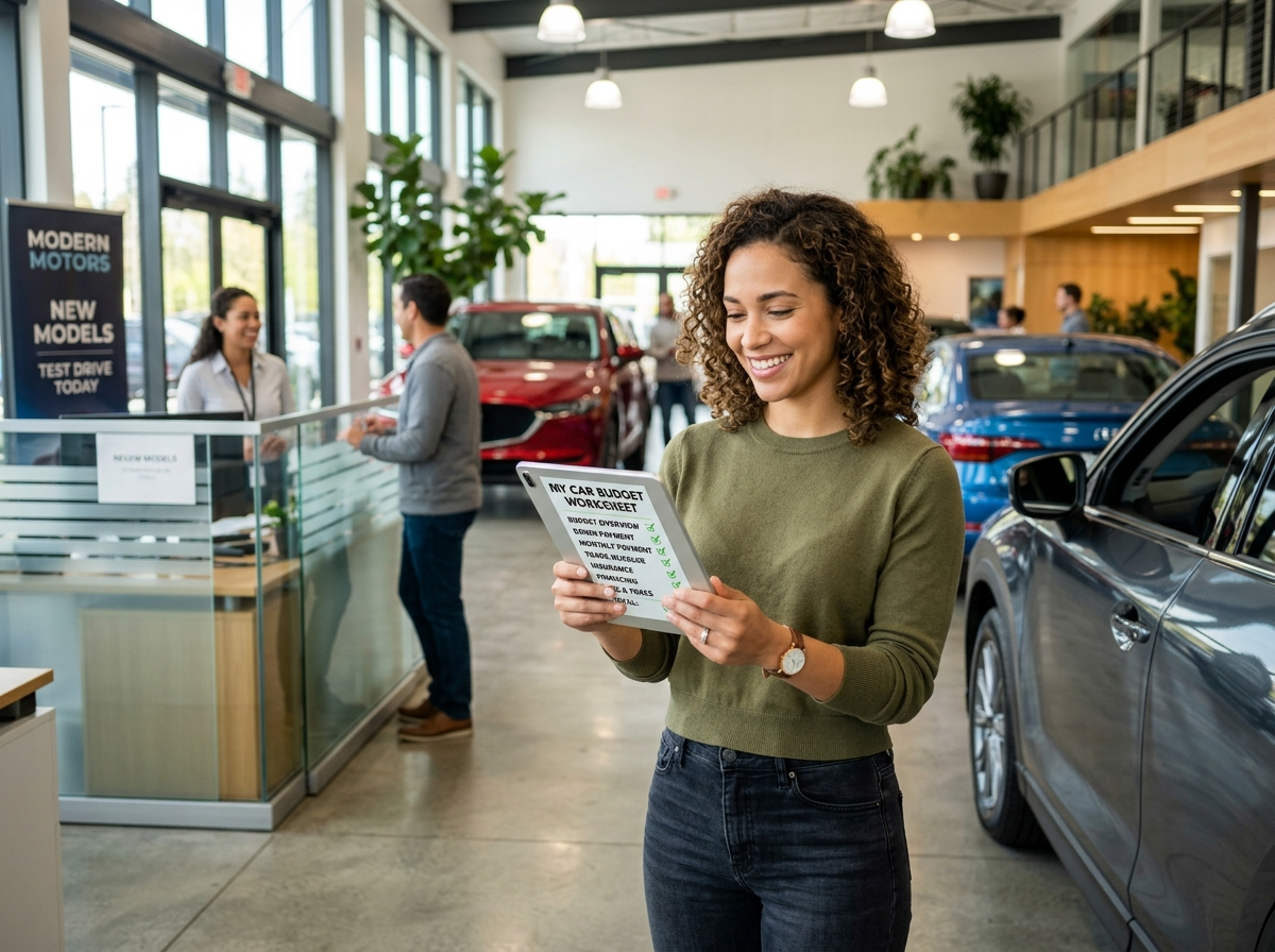 Confident car buyer reviewing a budget checklist in a showroom
